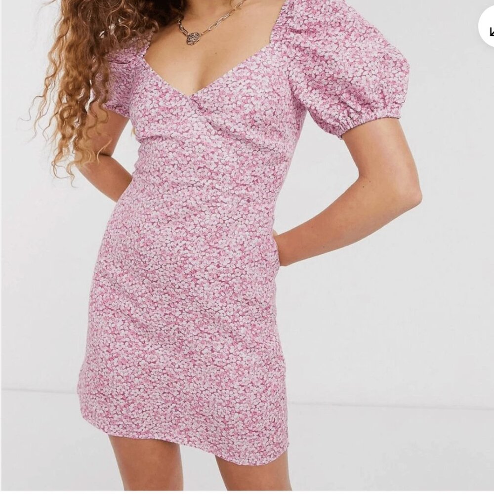& Other Stories Pink Puff Sleeve Floral Romantic Dress